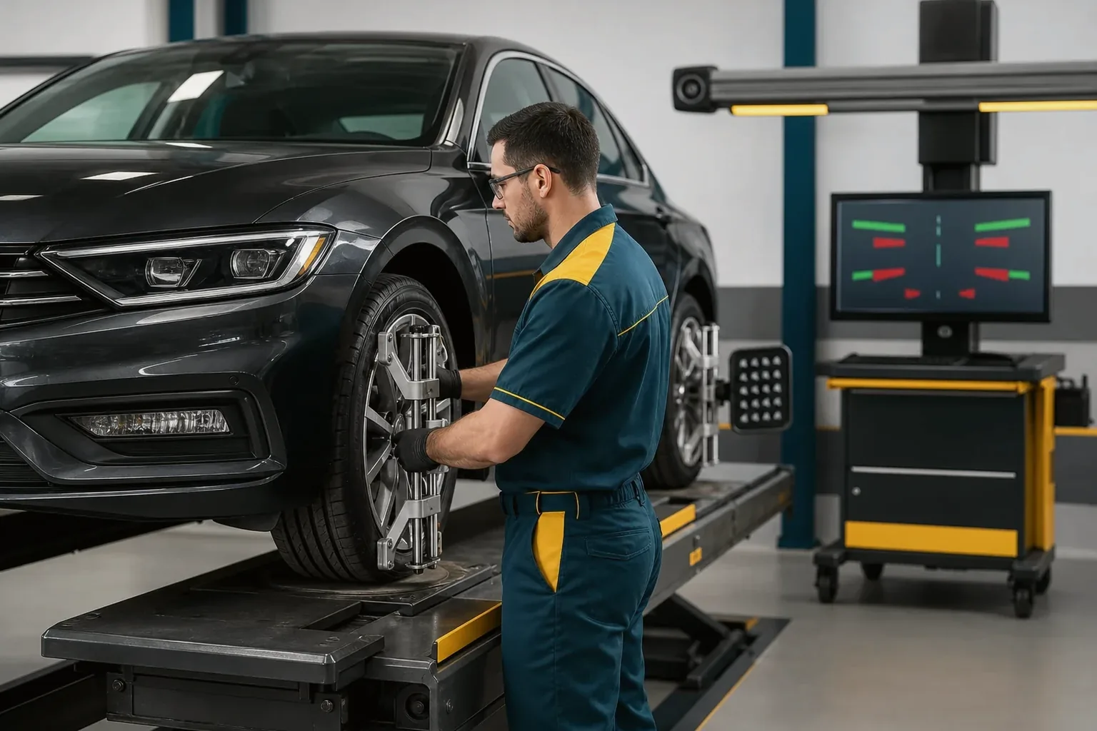 Técnico alinhando rodas de um veículo.