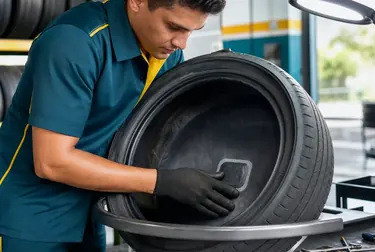 Técnico consertando um pneu em borracharia.