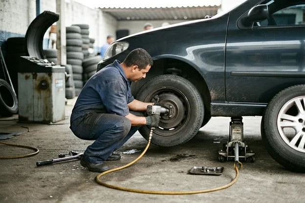 Técnico realizando rodízio de pneus.