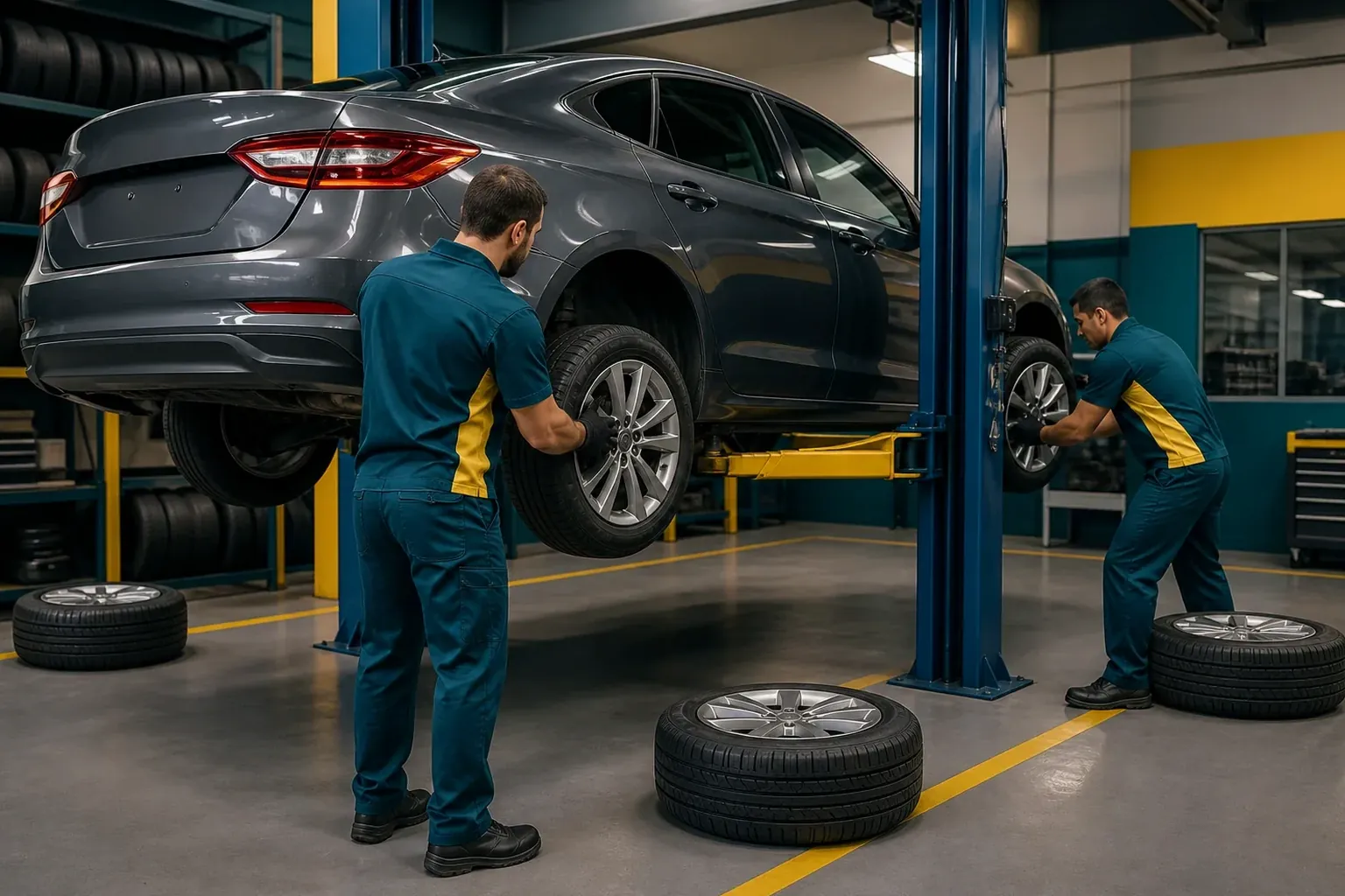 Técnico realizando rodízio de pneus.